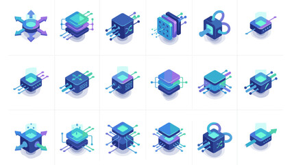 Isometric Vector Icon Set of Neural Network Nodes and Artificial Intelligence Data Processing Units. Modern 3D Digital Technology Symbols for Machine Learning, Deep Learning, and Big Data Analysis.