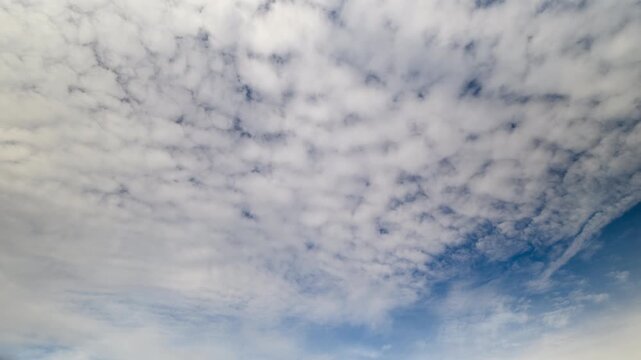 Calm atmospheric scene showcasing layered cumulus clouds in motion, Relaxing sky panorama featuring textured cloud layers and gentle lighting effects for multimedia projects