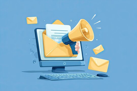Computer screen with email open, megaphone, and floating envelopes