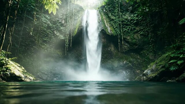 A breathtaking waterfall cascades into a tranquil emerald pool, hidden deep within a vibrant, sun-dappled tropical rainforest, evoking a sense of untouched natural beauty and serene escape