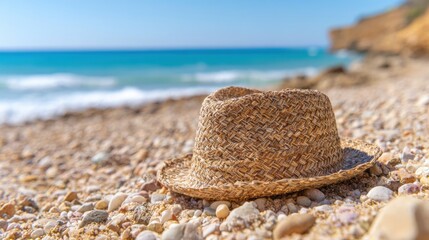 Straw hat resting on pebbles by the beach on a sunny day