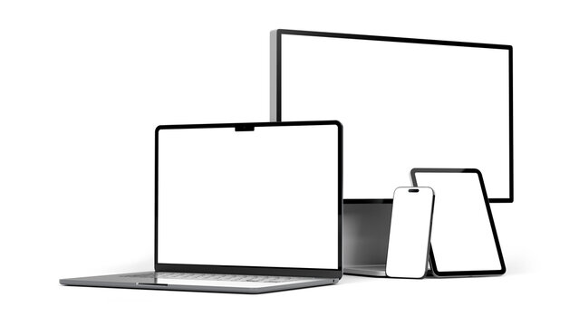 Different tech gadgets and screen sizes. Adaptive and responsive web design concept showing blank screen for mockup. Transparent background. 3D render 8k high resolution.