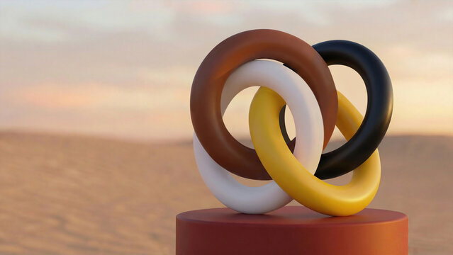 Four interlocking rings in black, white, yellow, and brown on a red podium in a desert, symbolizing national unity, harmony, diversity, and strength under a soft sunset sky.