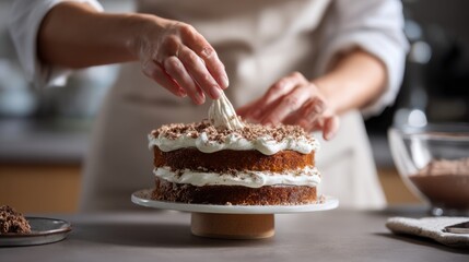 Close-up of hands frosting a layered cake on a turntable