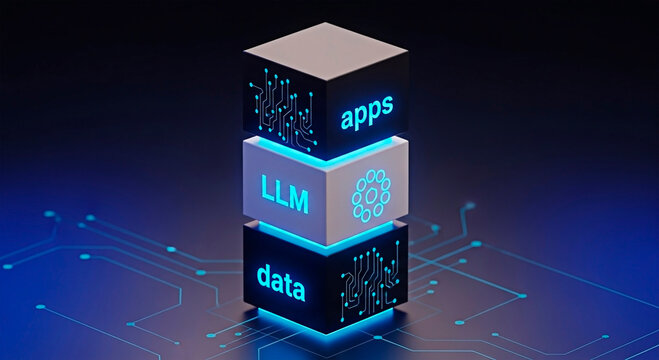 A stack of glowing cubes representing data apps and LLM technology