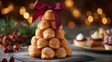 Golden Profiterole Pyramid with Red Ribbon and Festive Bokeh Lighting