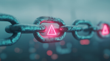 Warning symbol glowing neon red in a chain link illustrating a vulnerability or security risk