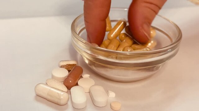 Close-up of woman's fingers counting capsules in glass jar, soft clinical lighting, beige herbal capsules with visible granules, careful fingertip movement, dosing routine and supplement