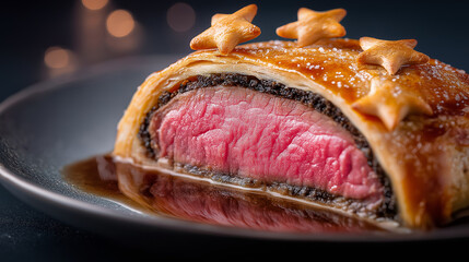 Golden Beef Wellington slice adorned with star cutouts and rich pink interior