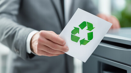 Professional displaying green recycling symbol on printed paper