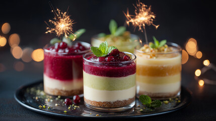 Festive Layered Dessert Cups with Sparklers and Warm Celebration Lights