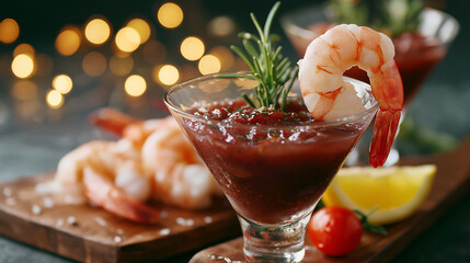 Gourmet Shrimp Cocktail with Rosemary and Lemon on a Festive Table