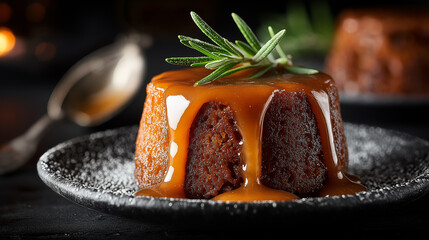 Decadent Dessert with Rich Caramel Drizzle and Fresh Rosemary
