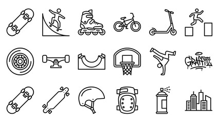 Obraz premium Set of 18 Minimalist Urban Sport and Skateboarding Line Icons Featuring Skateboard, Rollerblade, BMX Bike, Scooter, Parkour, Breakdance, Graffiti, Helmet, and Protective Gear in Vector Style