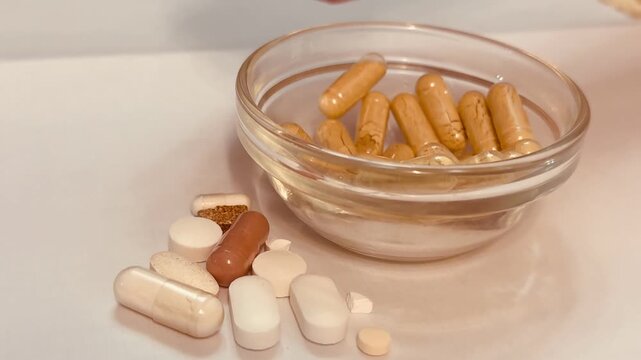 Close-up of woman's fingers counting capsules in glass jar, soft clinical lighting, beige herbal capsules with visible granules, careful fingertip movement, dosing routine and supplement
