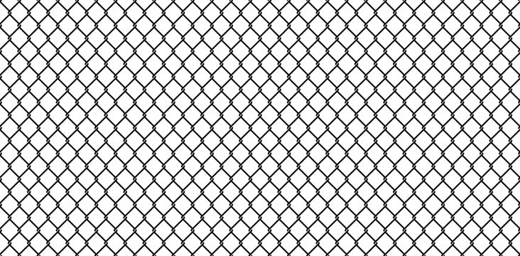 Black chain link fence silhouette isolated on transparent background. Industrial wire mesh vector texture in high resolution png format. Seamless metallic net pattern for security and border design.
