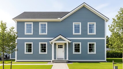 Modern two-story house with blue facade and symmetrical window placement