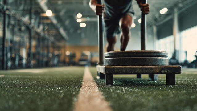 Athlete Pushing Weighted Sled on Gym Turf | Athletic Performance & Strength Training | Authentic Action Stock Photo with Copy Space