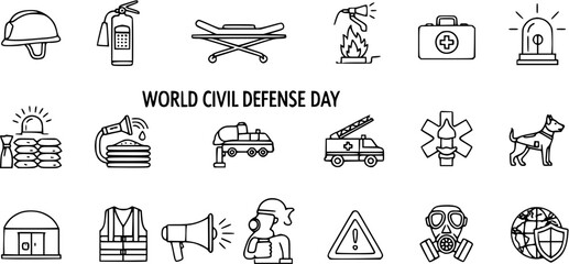 Fototapeta premium World Civil Defense Day Icons: Safety, Emergency, Protection Rescue Symbols - Vector Graphics