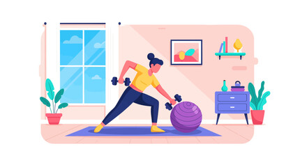 Obraz premium vector flat 2d Woman exercising with dumbbells and a large purple stability ball during a home workout session in a bright, modern room.