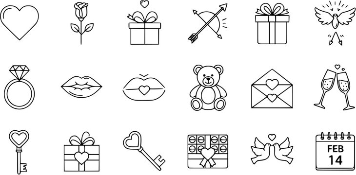 Valentine's Day Love Icons Set. Hand-drawn outline doodles featuring hearts, roses, gifts, cupid's arrow, diamond ring, lips, teddy bear, love letter, and champagne.