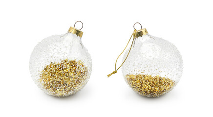 Transparent glass ball, Christmas tree decoration with golden filling isolated on white background