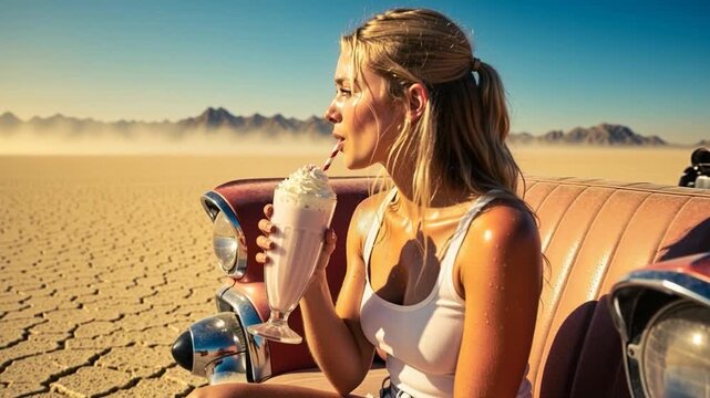 A young woman in a vintage car themed couch in the desert, initially distressed by the heat, finds relief and happiness as she sips her refreshing milkshake