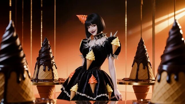 Gothic lolita girl with black bob, orange unicorn horn, yellow eyes, spiked armor dress dripping in chocolate, surrounded by giant melting ice cream cones