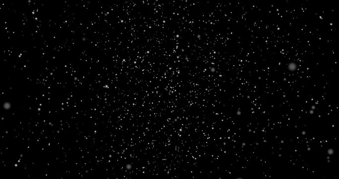 Isolated falling snow. Moving banner with falling snowflakes, winter snowfall and white snow particles on dark alpha channel background. Realistic graphic animated footage
