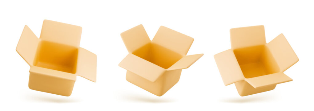 3D cardboard box icon set. Render delivery cargo box. 3d realistic vector