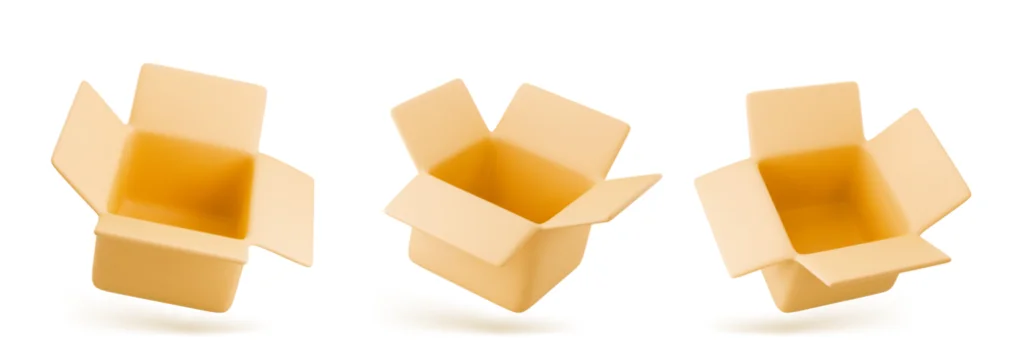 3D cardboard box icon set. Render delivery cargo box. 3d realistic vector