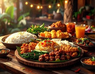 Fototapeta premium A vibrant display of various Southeast Asian dishes on a wooden table, surrounded by lush greenery and warm string lights in the background.