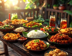 Obraz premium A vibrant outdoor feast on a wooden table, showcasing a variety of dishes, including rice, meat, and vegetables, captured from a high angle in a garden setting.