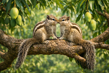 Obraz premium Two Cute Squirrels Sitting Together on a Mango Tree Branch with Green Mangoes for Nature and Wildlife Concept Ai Genreted 