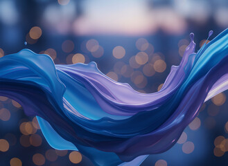 A cinematic digital artwork featuring smooth, glossy liquid swirls in shades of blue and purple. The fluid motion is elegantly captured against a dreamy bokeh background.