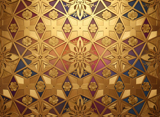 A high-definition graphic featuring luxurious golden geometric patterns, blending contemporary Thai art with intricate star and floral motifs. The metallic textures.