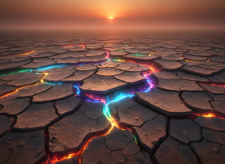 A surreal abstract illustration of cracked earth during a drought under a burning sunset. Within the deep fissures, vibrant neon rainbow lights glow like magical lava or hidden energy.