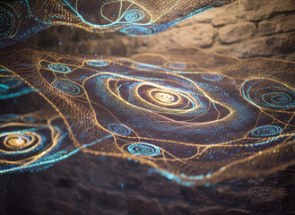 A cinematic digital art piece featuring intricately woven fabric threads glowing with golden and cyan spiral patterns. Set against a rustic stone wall background.
