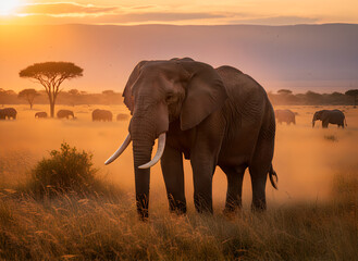 A majestic portrait of a large African elephant with impressive tusks, standing gracefully amidst the dust of the vast savanna at sunset. 