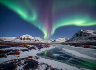 A vibrant and photorealistic Arctic landscape featuring the Aurora Borealis in shades of green and purple dancing across a starry night sky. Below.