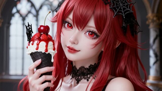 A stunning red-haired anime girl with crimson eyes in gothic lolita attire holds a decadent ice cream sundae topped with cherry and strawberries in an elegant gothic hall