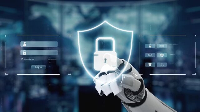 A robotic hand displays a glowing shield representing security in a digital landscape, emphasizing the need for advanced cyber protection in today technology. Auvana