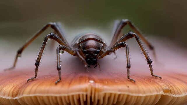 Eerie Macro Shot of a Wet Cave Cricket on a Mushroom with Rising Mist