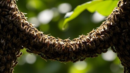 Big Teamwork of bees to bridge gap of swarm parts.