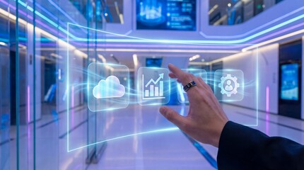 Fototapeta premium Hands interacting with virtual digital cloud and tech icons in modern office setting.