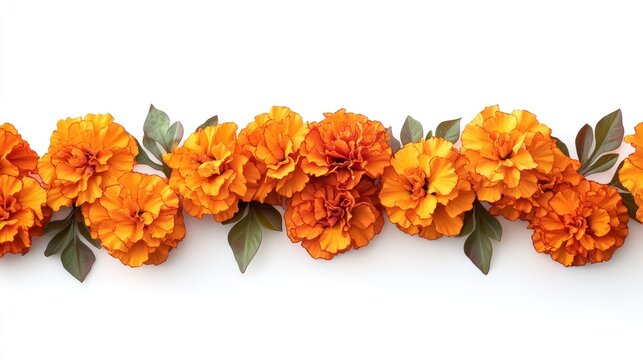 Beautifully arranged border of vibrant orange marigold flowers with green leaves on a white background