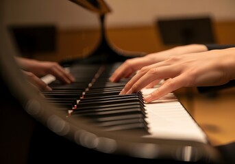 Obraz premium Close-up of a musician's hands playing a grand piano keyboard, highlighting artistic performance and musical practice.