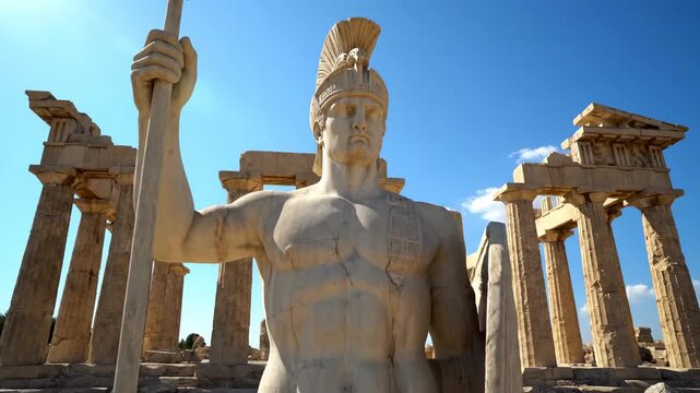 A classical statue with spear and shield stands before ancient ruins