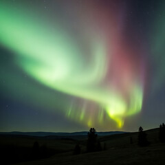 Vibrant Green and Red Aurora Borealis Dancing over Dark Hills at Night