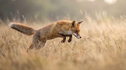 Fototapeta premium Fox Captured Mid Jump During Natural Hunting Behavior